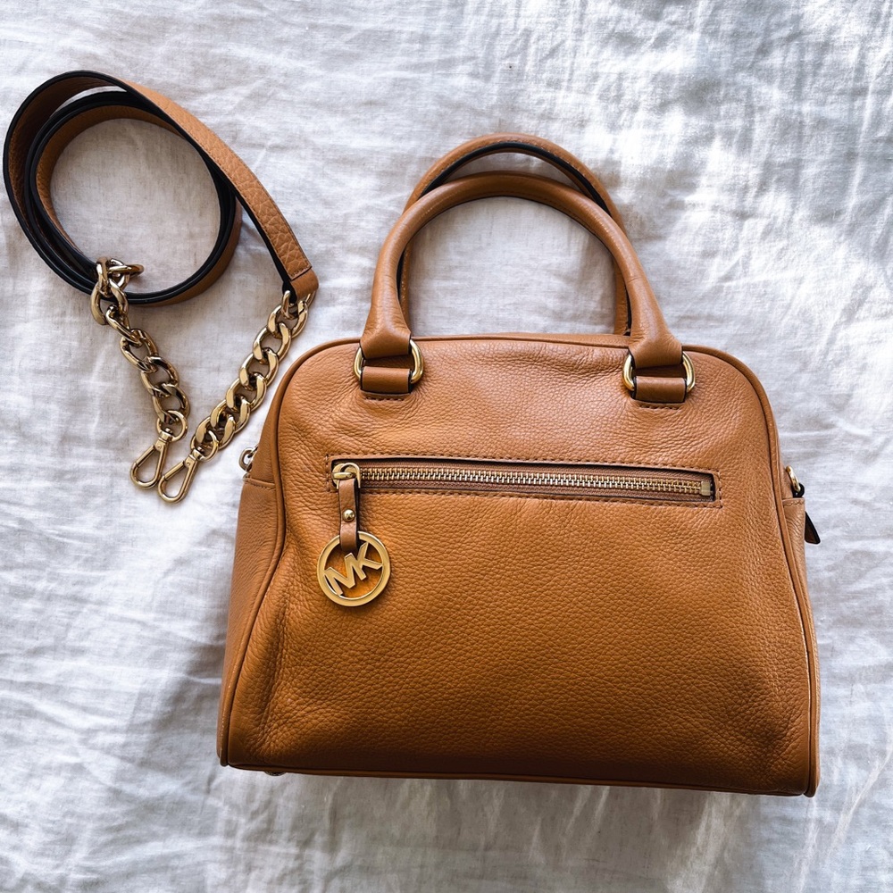Michael Kors Top Handle Leather Purse - Gold Chain Crossbody Strap - Camel, Tan
